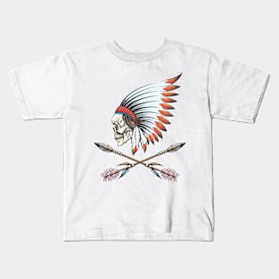 Human skull wearing native American war bonnet Kids T-Shirt